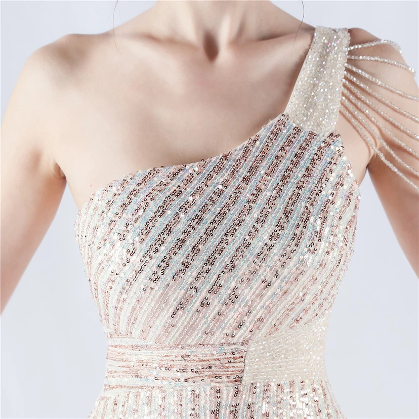 Heavy Beaded One-Shoulder Oblique Collar High Fork Sequin Dinner Dress view 26