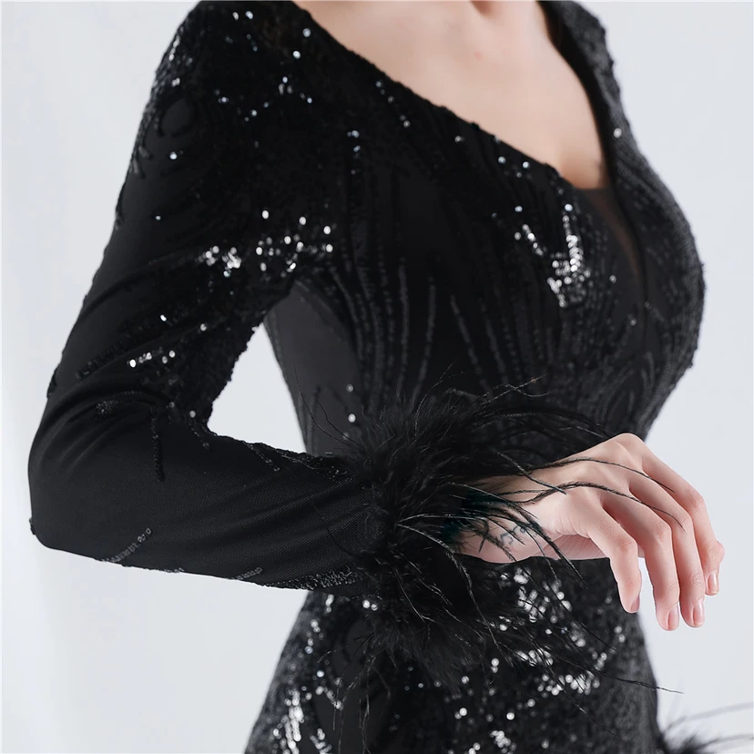 Robe de soirée haut de gamme ornée de perles florales fixes et de poils d'autruche, hôte de la réunion annuelle d'hiver view 36
