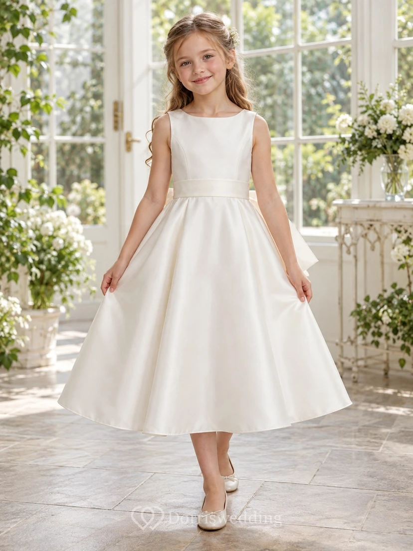 Simple Tea-length Ivory Satin Jewel Sleeveless Sashed Gathered Scoop-back Bow Flower Girl Dress