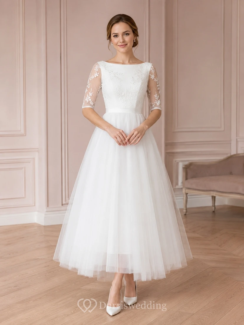 White Square Neck Lace Sleeve Tulle A-Line Floor-Length Dress