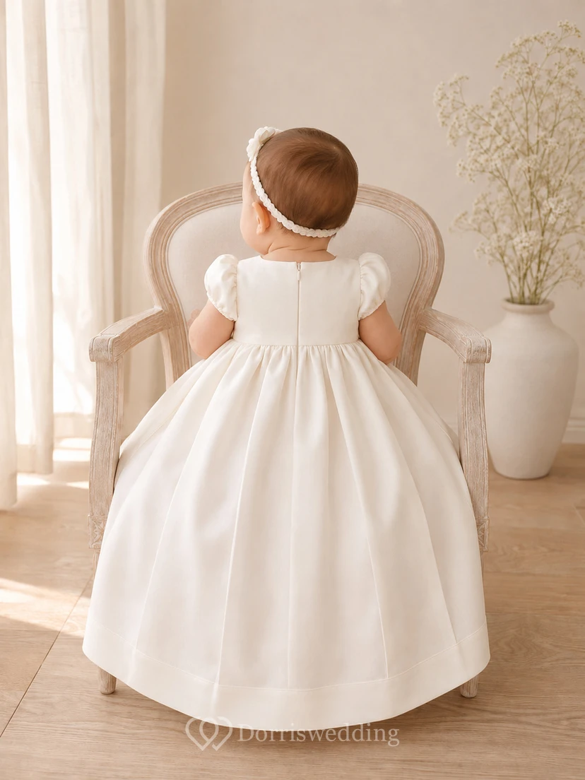 Minimalist Baby Baptism Christening Ceremony Gown A-Line Knee-Length Jewel Neck Puff Sleeve Satin Button Back view 2