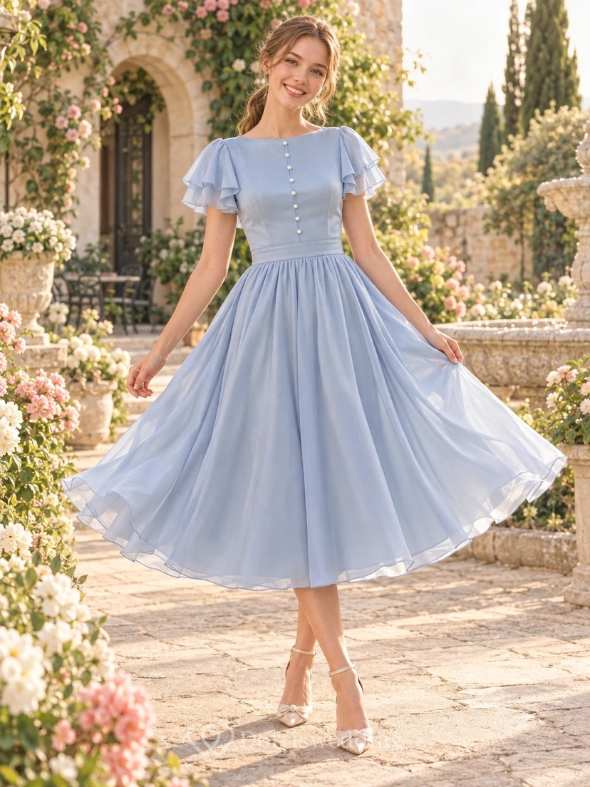 Robe de bal modeste en mousseline bleu ciel, longueur thé, col rond et manches à volants