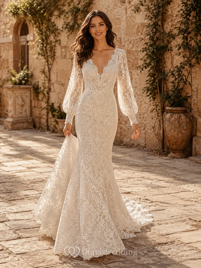 Robe de mariée modeste en dentelle et tulle, coupe sirène, col rond, manches longues et traîne chapelle.