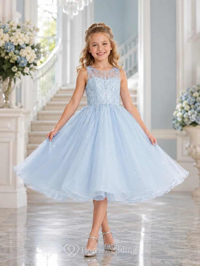 Sky Blue Bateau Illusion Beaded Lace Sequined Tulle Tea-Length Ball Gown Flowergirl Dress
