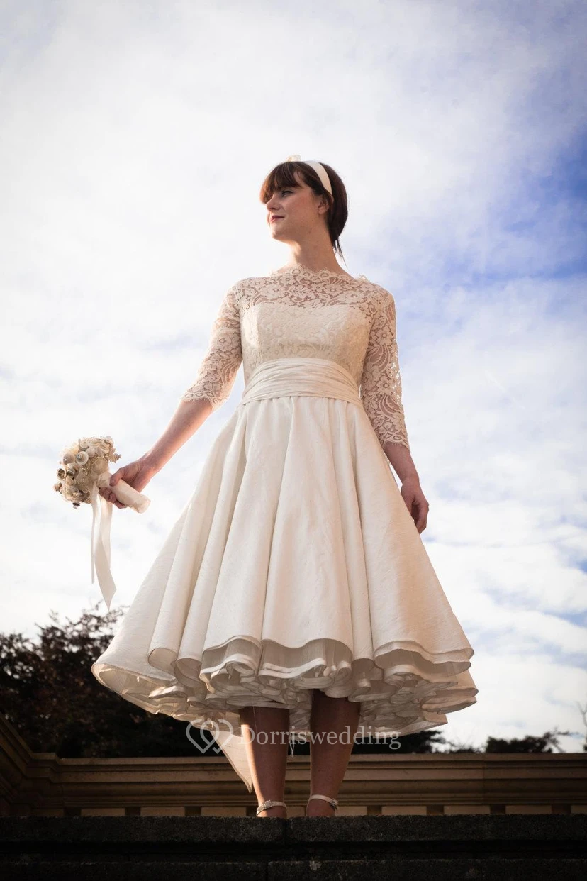 Brautkleid aus Taft mit Illusion-Halbärmeln, hohem Kragen, A-Linie, Teelänge und hohem Kragen