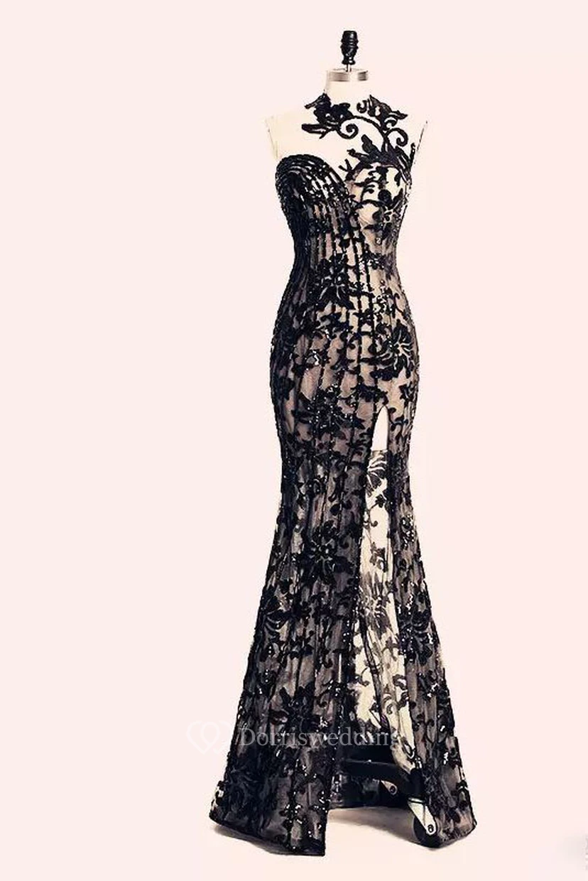 Floor-length Sleeveless Open Back Bateau Lace Sexy Modern Bodycon Zipper Lace Evening Dress  view 3