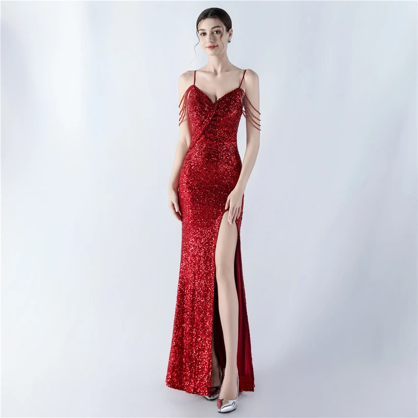 Robe de soirée sexy à bretelles et fente haute, ornée de perles et de perles artisanales. view 10