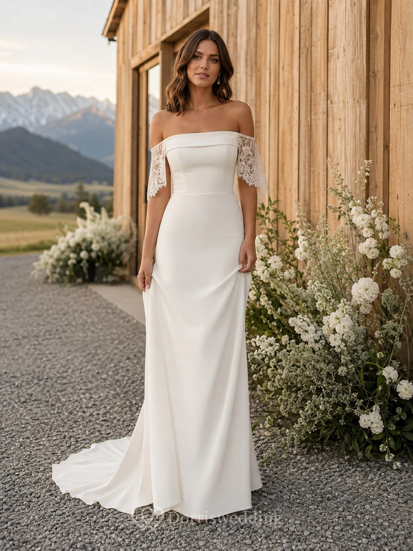Robe de mariée minimaliste fourreau épaules dénudées en crêpe de style grange de montagne