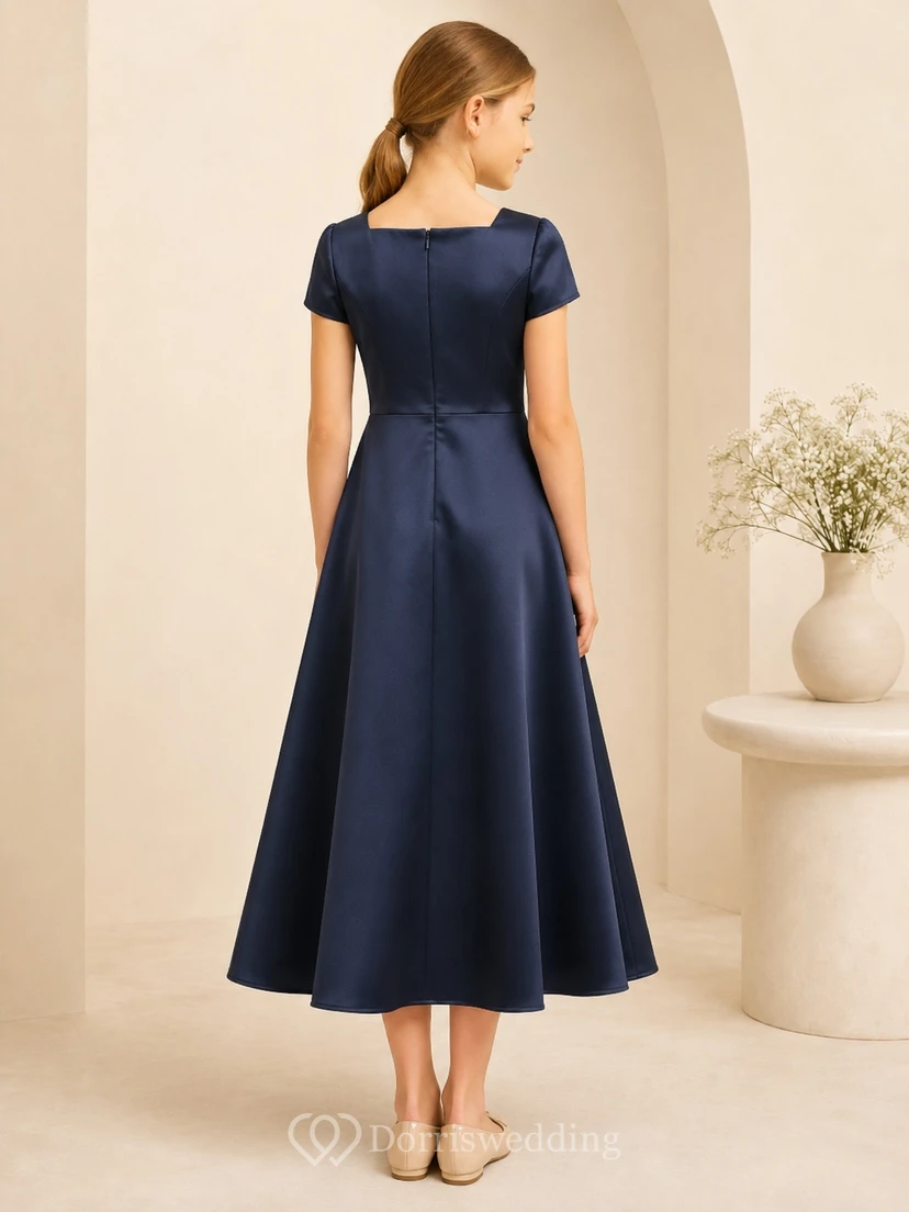Dunkelblaues Brautjungfernkleid für junge Mädchen, A-Linie, eckige kurze Ärmel, Satin, elegant view 2