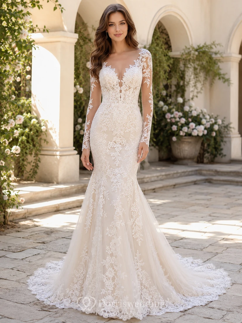 Luxury Lace Wedding Mermaid V Neck Illusion Long Sleeves Chapel Train