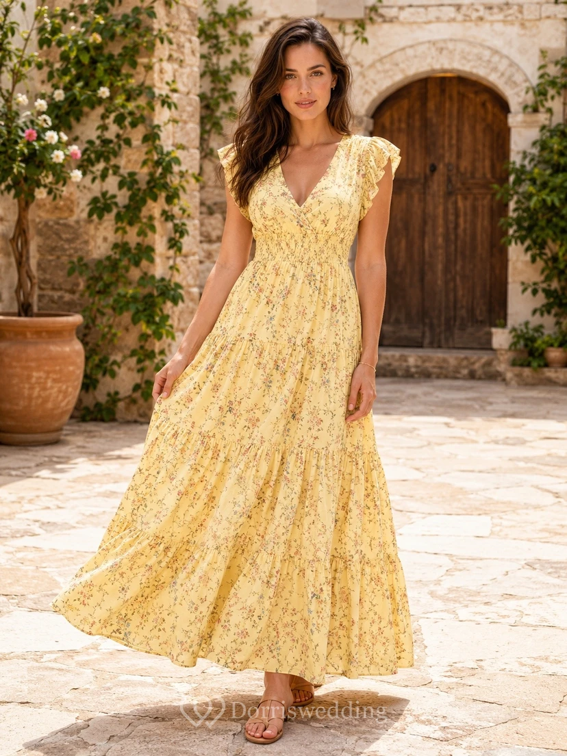 Gelbes Boho-Kleid im Landhausstil mit Blumenmuster, V-Ausschnitt, kurzen Ärmeln und Knöchellänge