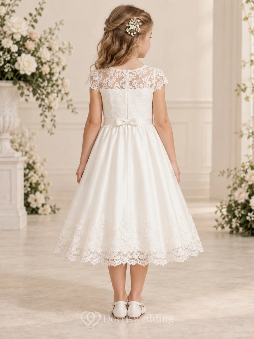 Tea-length Ivory Cap Sleeve Illusion Jewel Floral Lace Bow Sashed Satin Flowergirl Dress view 2
