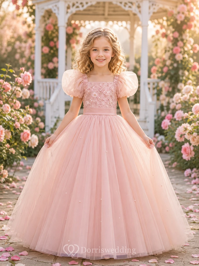 Blumenmädchenkleid aus rosafarbenem Tüll, A-Linie, Rundhalsausschnitt, bodenlang, plissiert