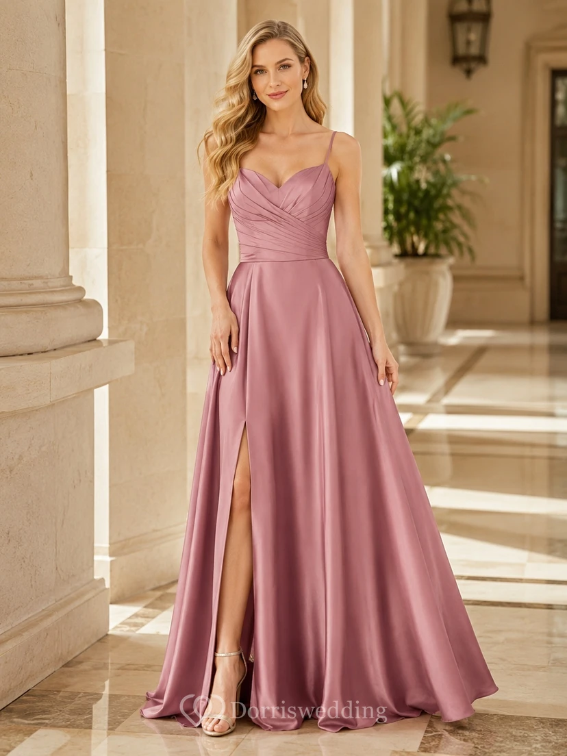 Dusty Rose Spaghetti Sweetheart Draped Satin A-Line Split Sweep Gown