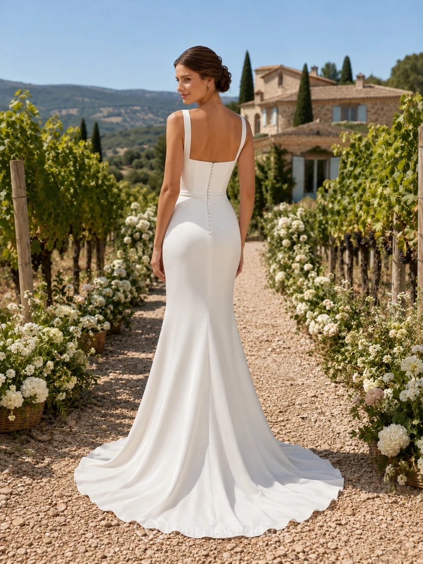 Robe de mariée sirène moderne en satin à bretelles carrées et dos boutonné, style sirène, pour une destination de mariage view 2