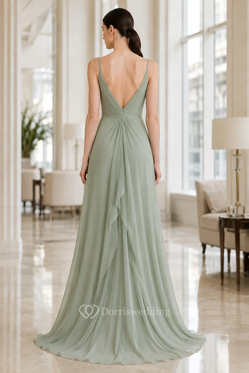 Sage Spaghetti Strap Chiffon A-Line Bridesmaid Dress Front Slit for Bridesmaid and Formal Events view 2
