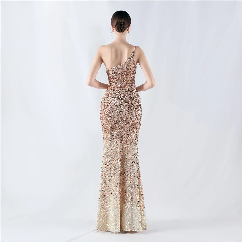 Sexy Abendkleid mit Samtsaum, Farbverlauf, Pailletten, hohem Schlitz und schräger Schulterpartie view 16