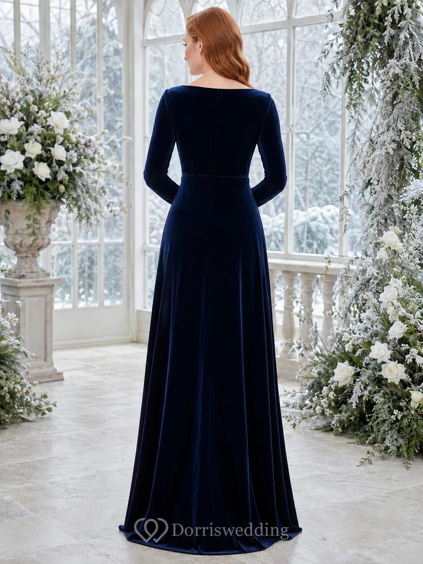 Dark navy velvet jewel neck long sleeve bridesmaid A-line gown view 2