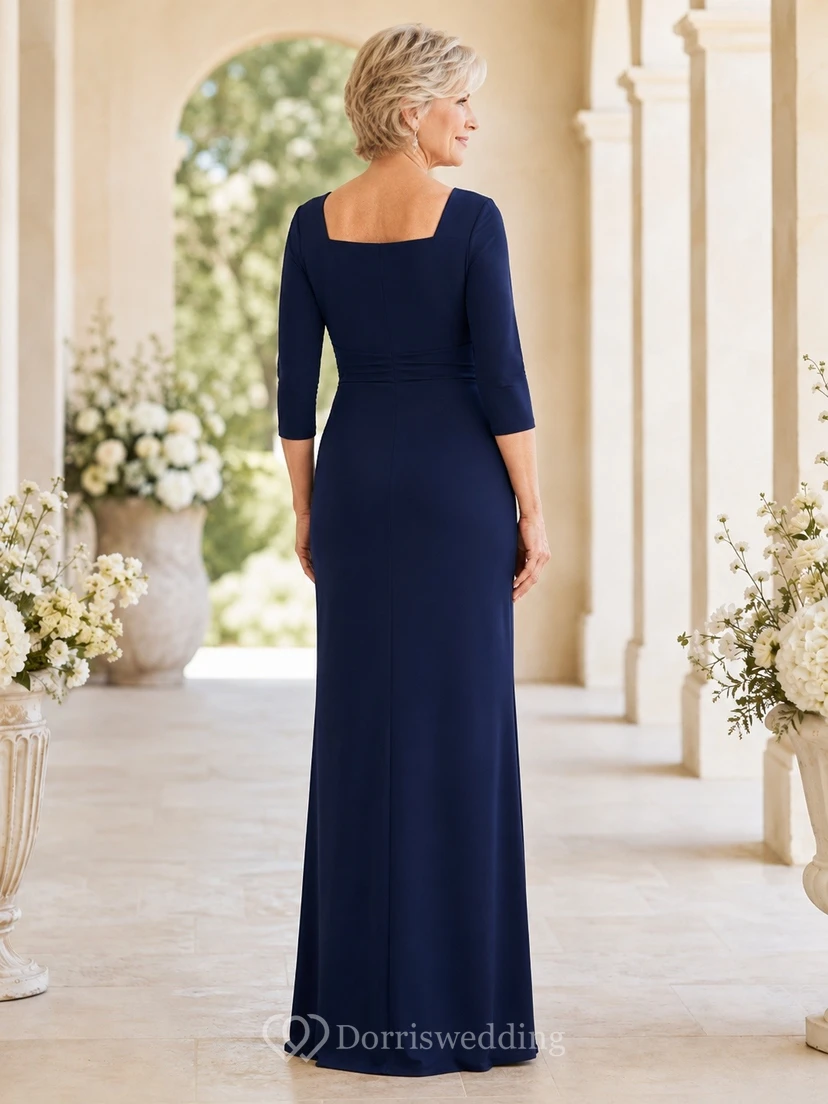 Navy Jersey Square Neck Three-quarter Sleeve Sheath Floor-length MOB Dress view 2