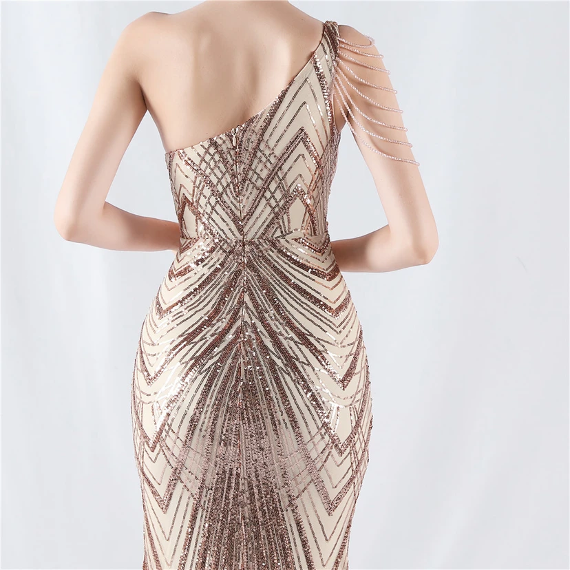 Positioning Flower Beaded Craft Beaded One-Shoulder Oblique Collar High Slit Evening Dress view 57