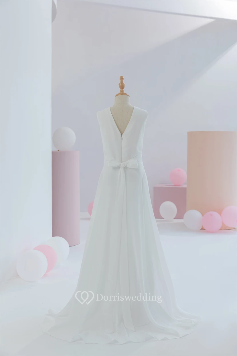White First Communion Cowl-neck Sleeveless Floor-length Flowergirl Dress view 2