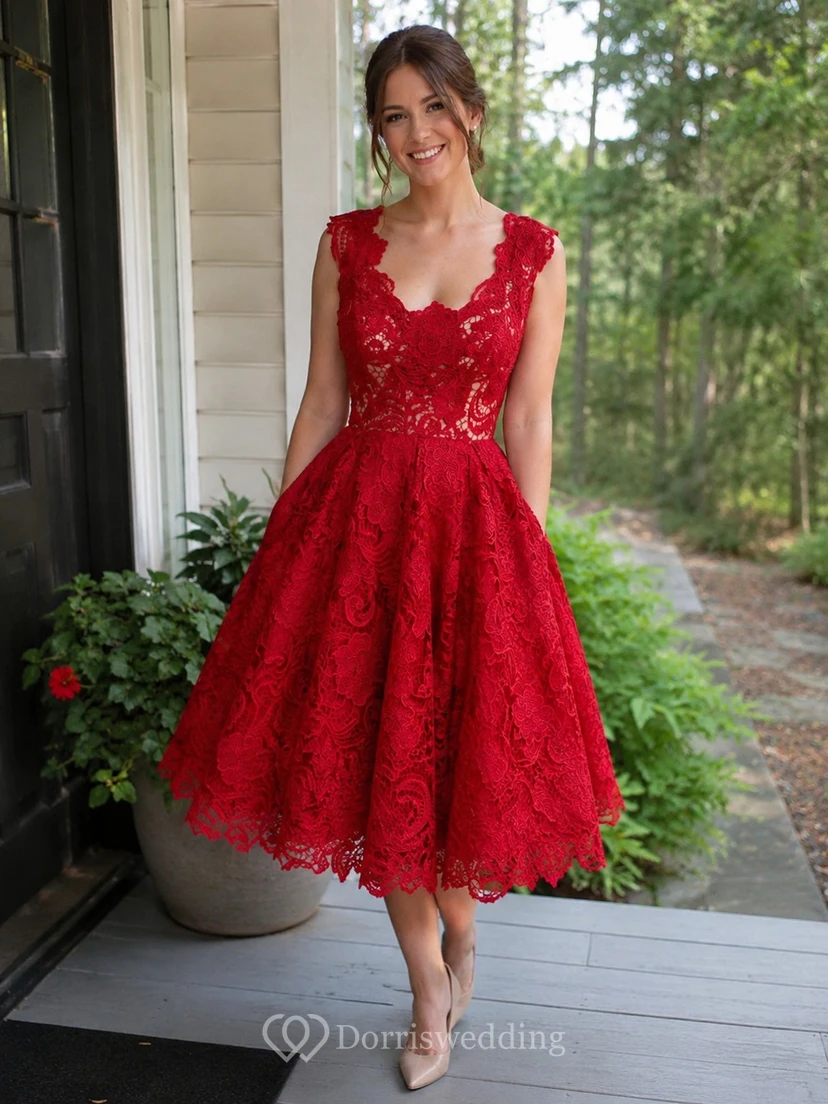Cap Sleeve Scoop Neck A-line Knee Length Lace Dress view 10