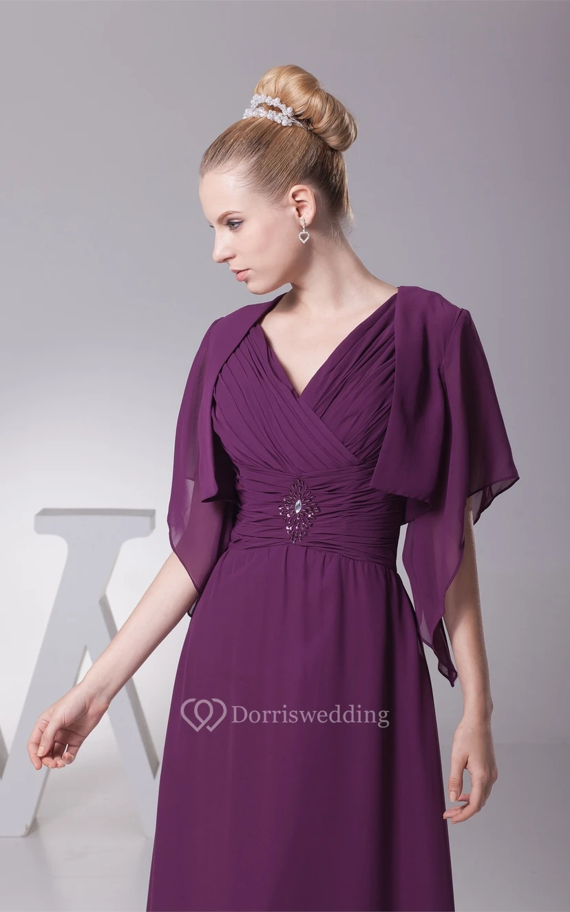 Plunged Chiffon Floor-Length Criss-Cross Bolero and Dress With Broach view 2