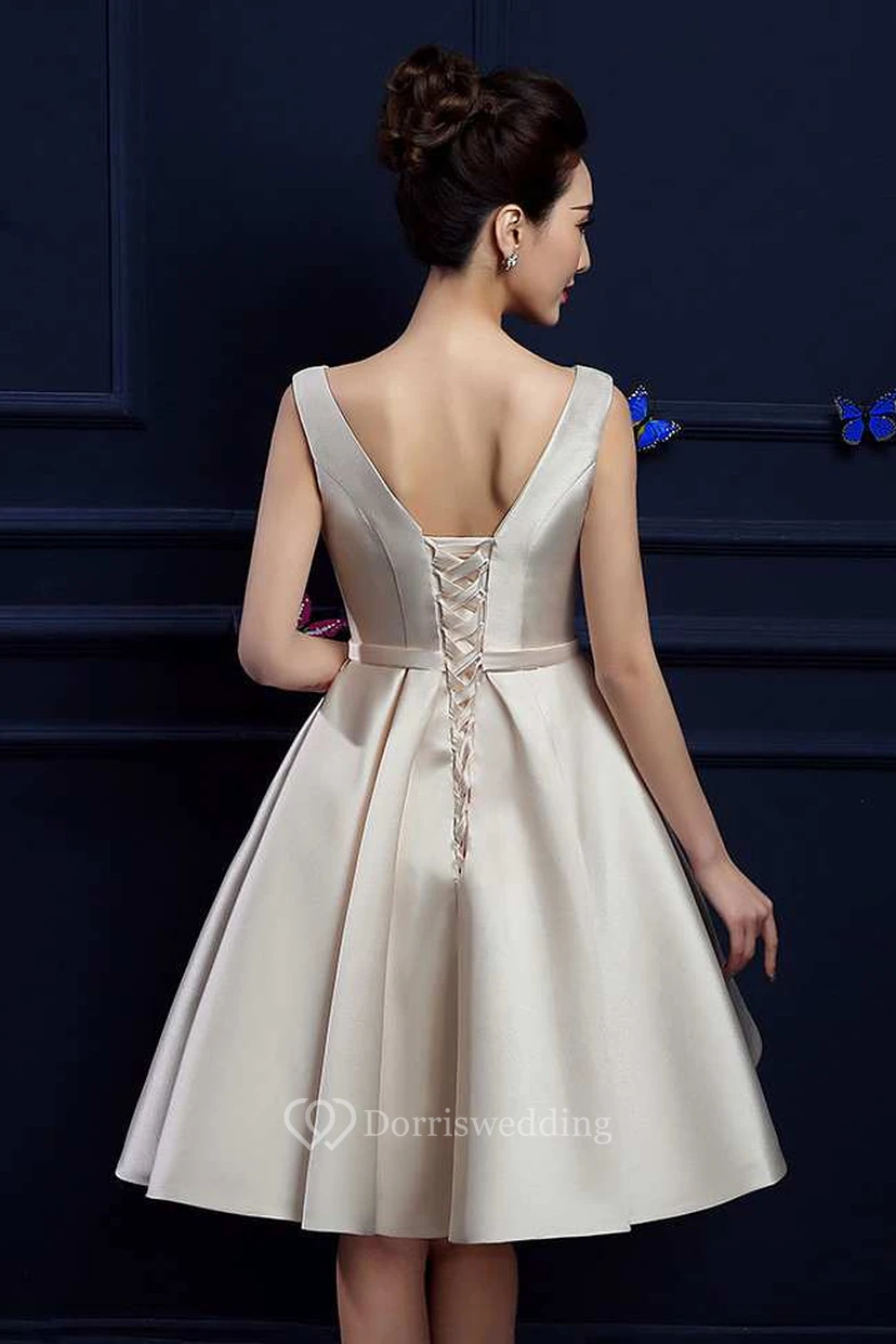 Sleeveless Bateau Neck Pleated Knee Length Satin Dress view 2