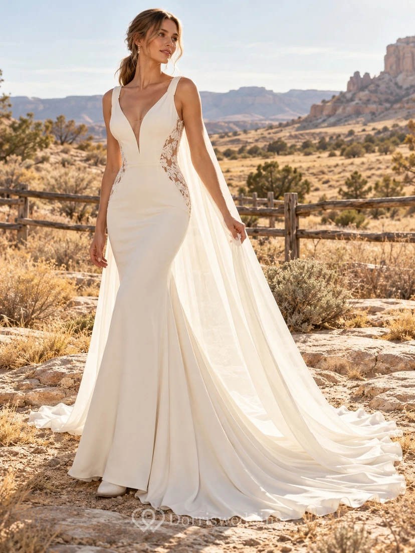 Country Western Deep V-neck Cape Panel Mermaid Bridal Wedding Dress