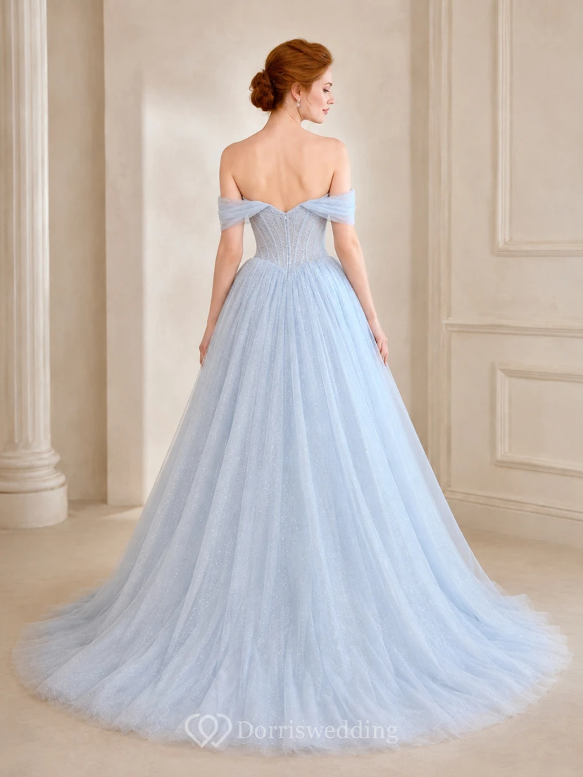 Himmelblaues schulterfreies Glitzer-Tüll-Ballkleid Hochzeitskleid view 2