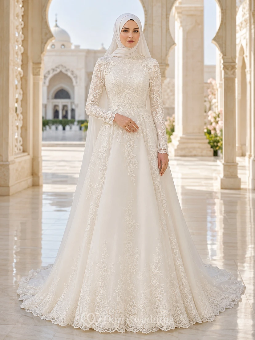 Robe de mariée musulmane hijab à manches longues en dentelle, style bal, robe de bal