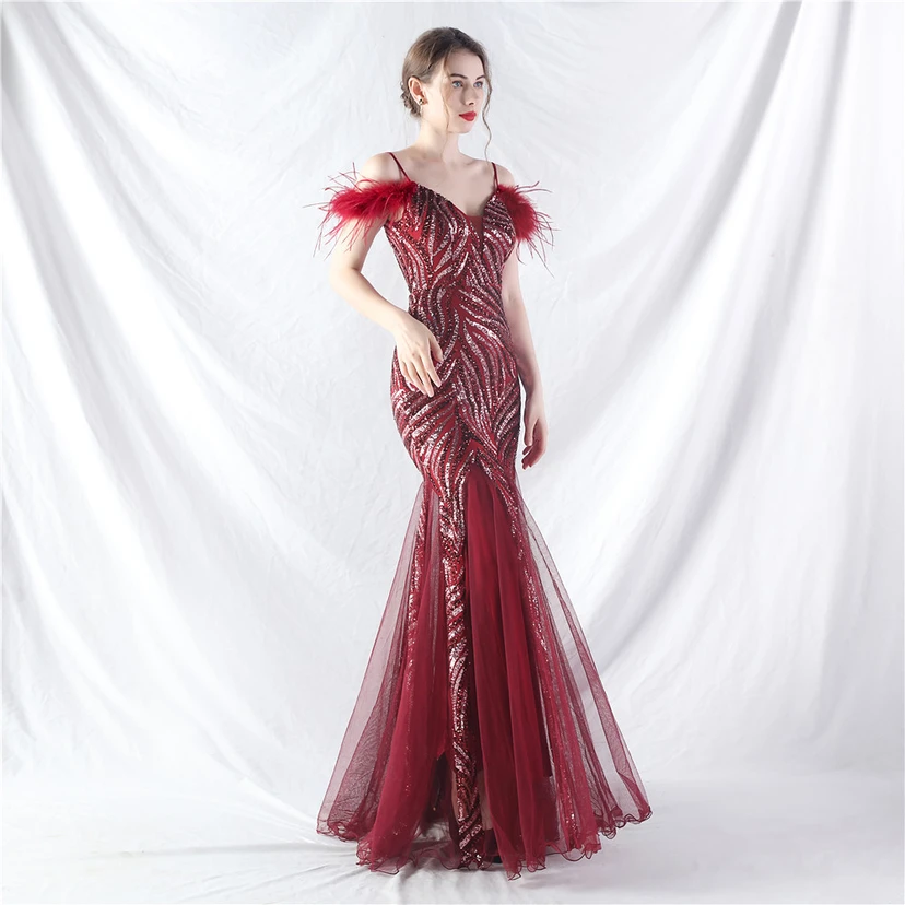Crafted Ostrich Feather Stacked Sequins Splicing Mesh Gauze High-End Evening Dress Clothes view 5