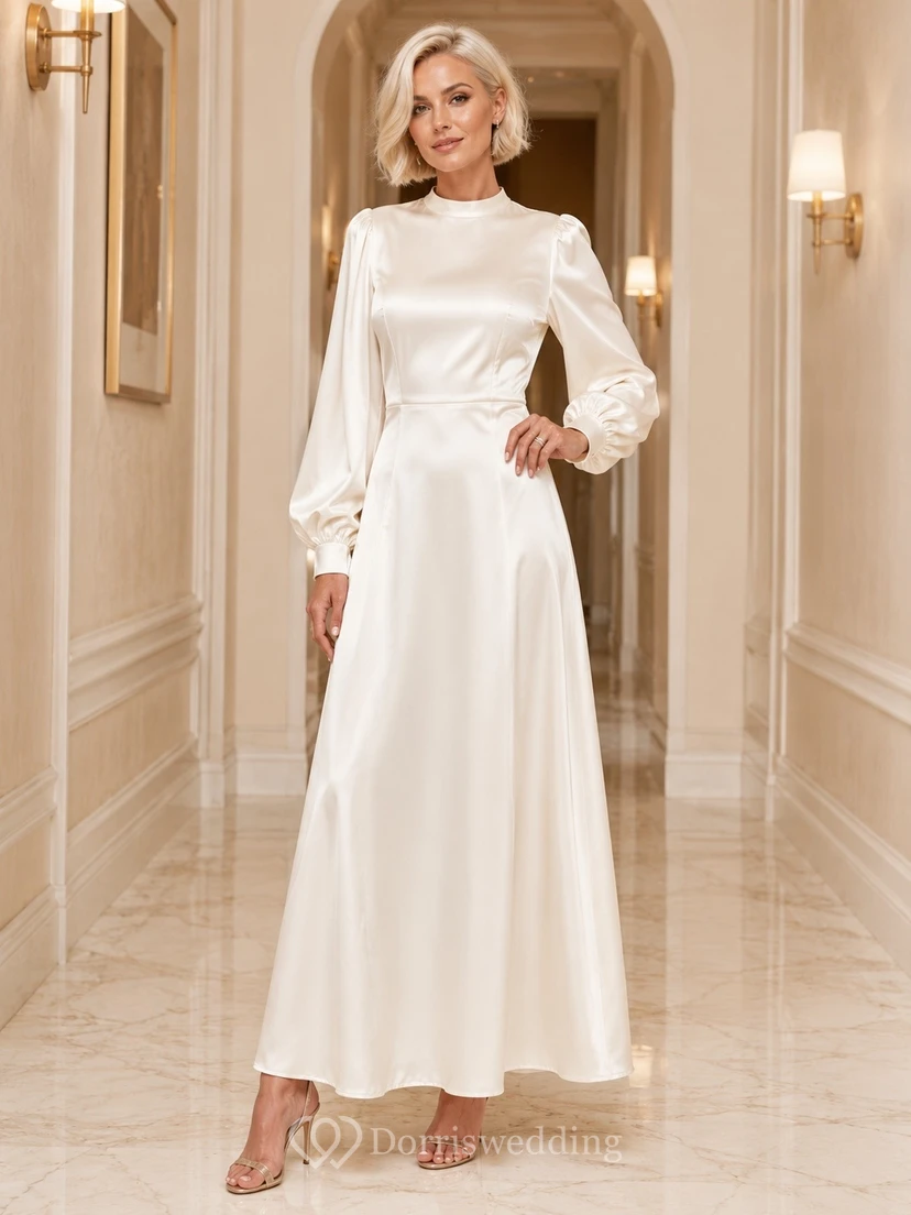 Elegant Satin A-Line Floor-Length High Neck Long Sleeve Formal Dress