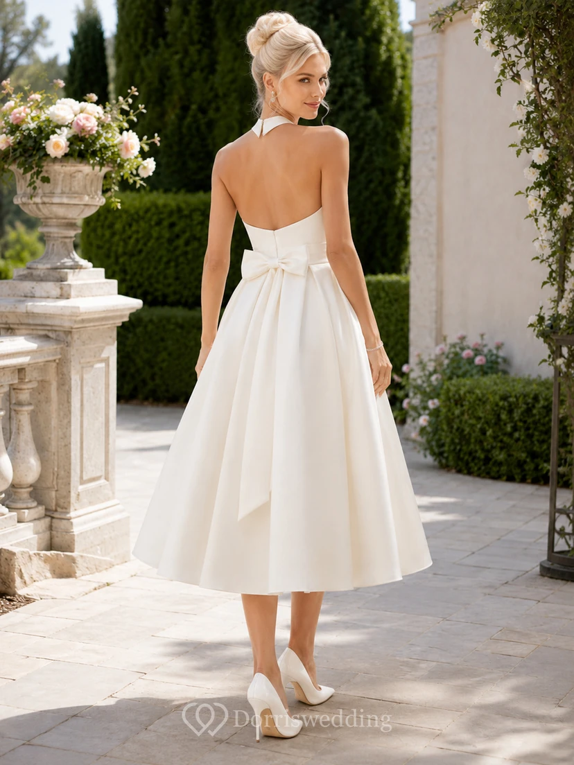 Robe de mariée vintage en satin, dos nu, col montant, coupe trapèze, longueur thé, col licou view 2