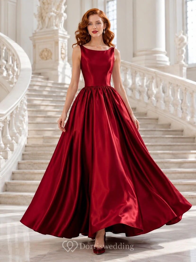 Red Vintage Bateau Pleated Satin Ball Gown Floor-Length Formal Dress
