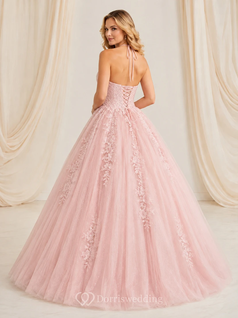 Robe de bal de princesse rose poudré de luxe, dos nu, col montant, lacets floraux, pour les 16 ans. view 2