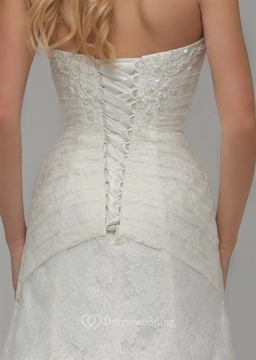 A-Line Appliqued Sleeveless Strapless Maxi Lace Wedding Dress With Side Draping And Beading view 4