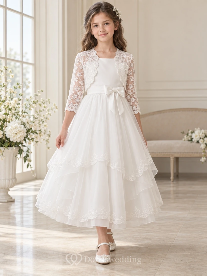 Vestido de niña de flores blanco de corte A con encaje y tul, manga tres cuartos y volantes, hasta la rodilla.