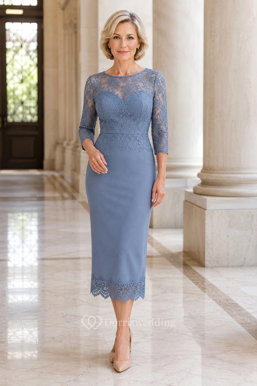MOB Dress Steel Blue Chiffon Lace Sheath 3/4 Sleeve Bateau Neck Tea Length