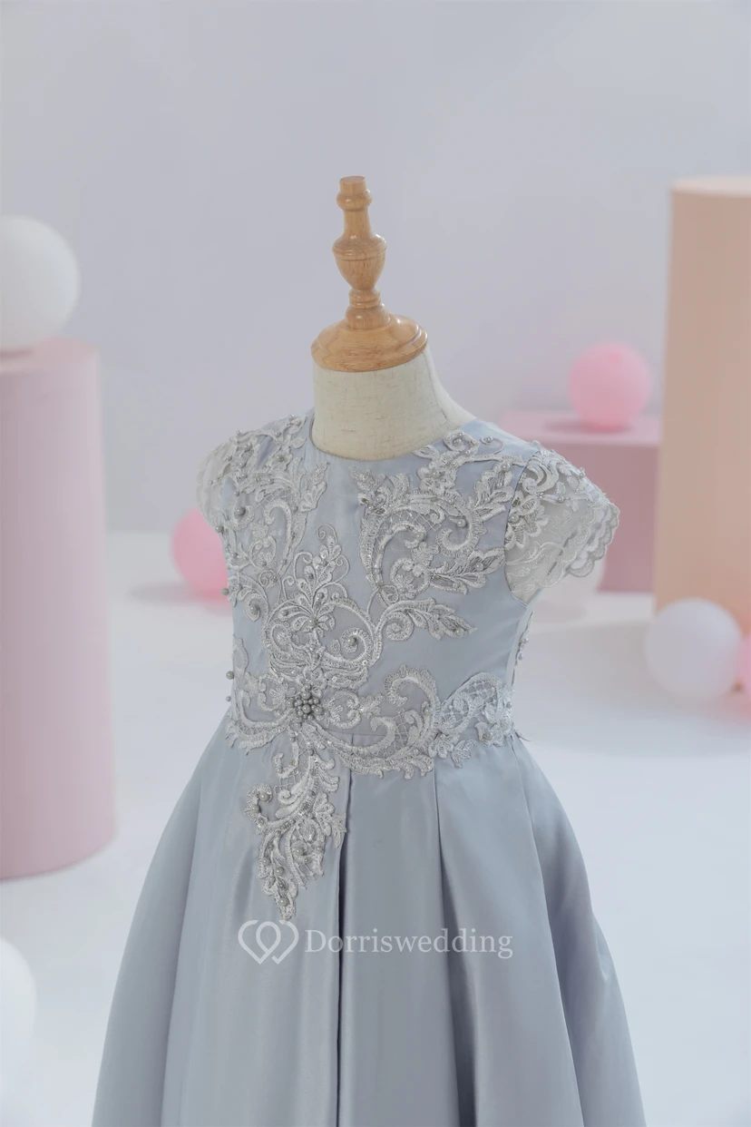 Scoop-neck Short-sleeve Satin Empire Ball Gown Flowergirl Dress with Appliques view 5