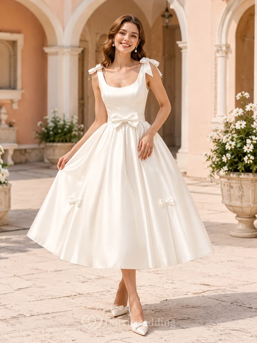 Vestido de novia romántico blanco de satén con lazo, manga corta, escote cuadrado y largo hasta la rodilla.
