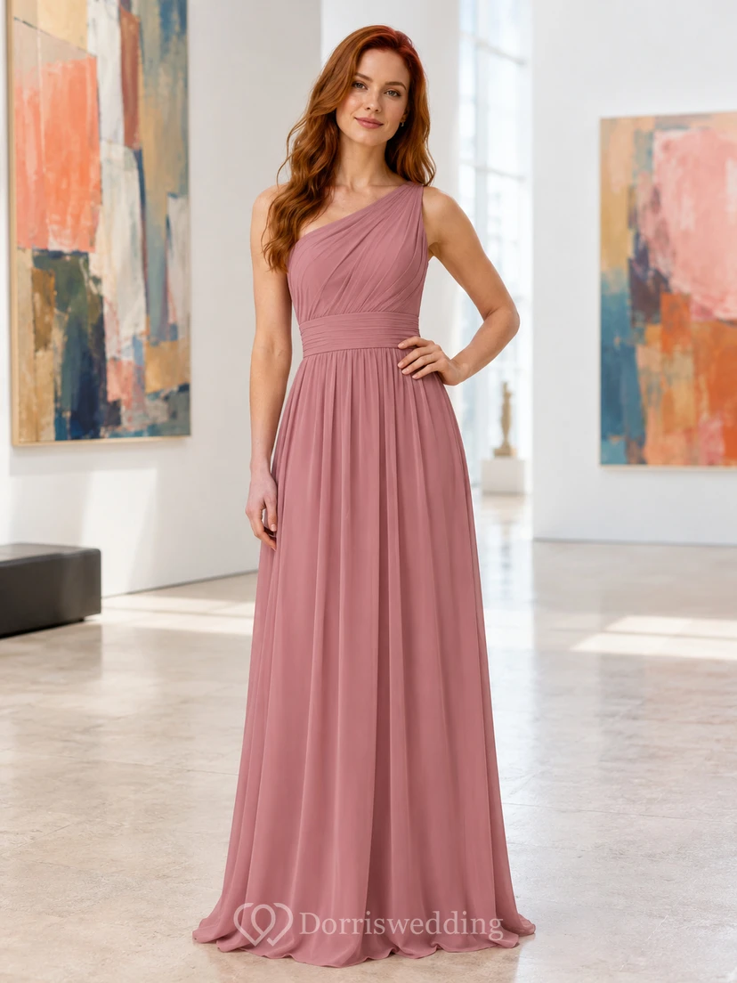 Gallery Formal Dusty Rose Simple Elegant A-Line Chiffon Bridesmaid Dress with One-Shoulder Sleeveless Floor-Length Pleated Open Back