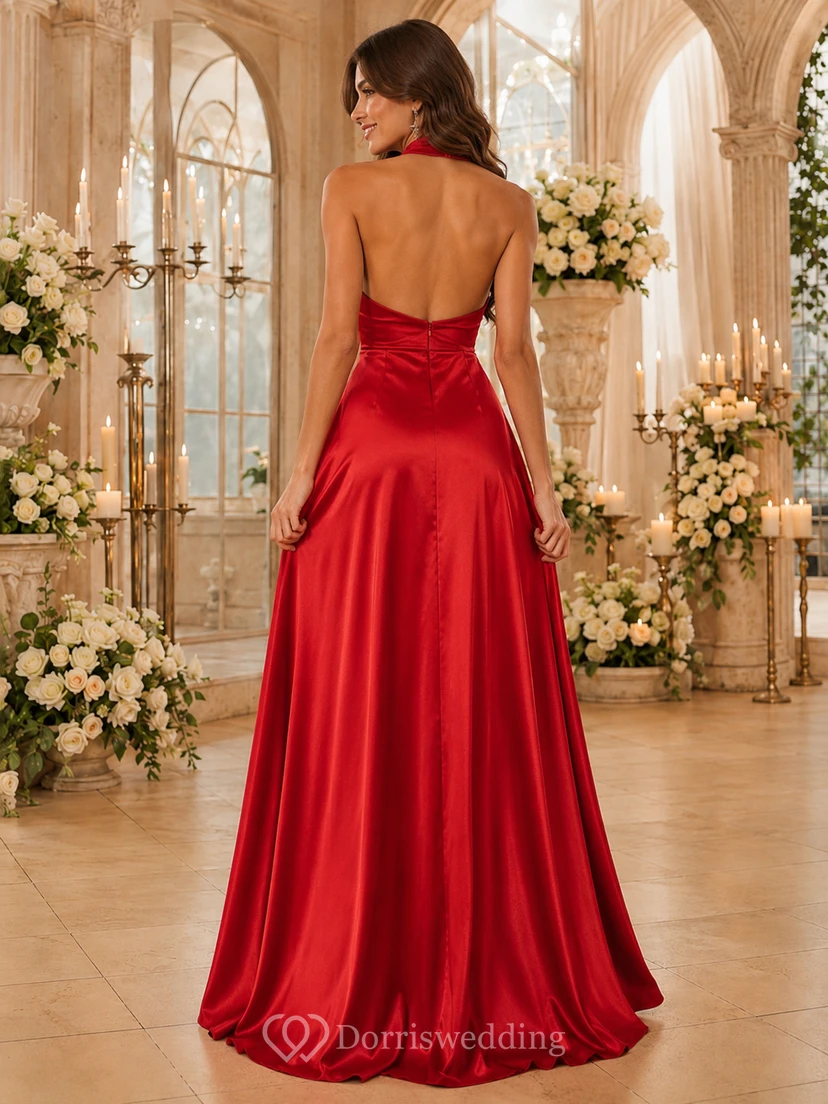 Vestido de fiesta de aniversario de satén rojo con escote halter y corte en A view 2