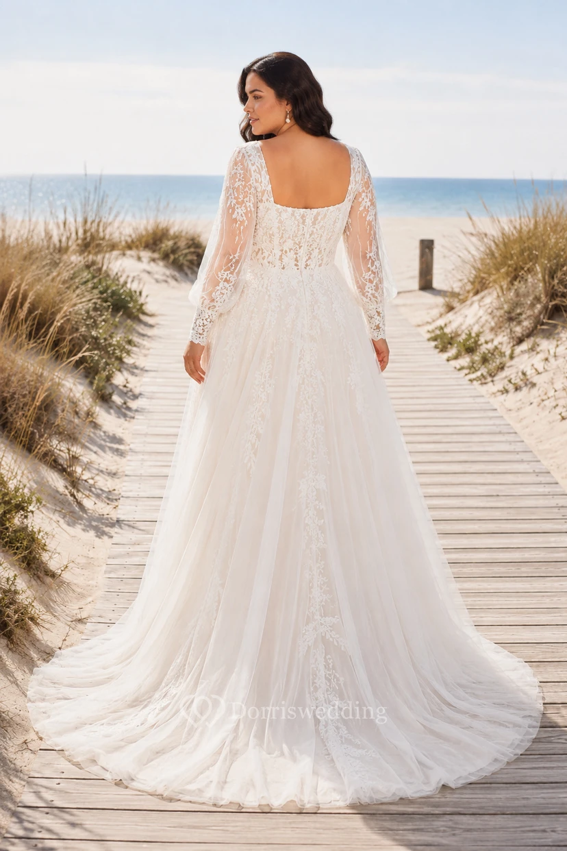 Plus Size Square Neck Long Sleeve Lace Beach Wedding Dress with Train view 2