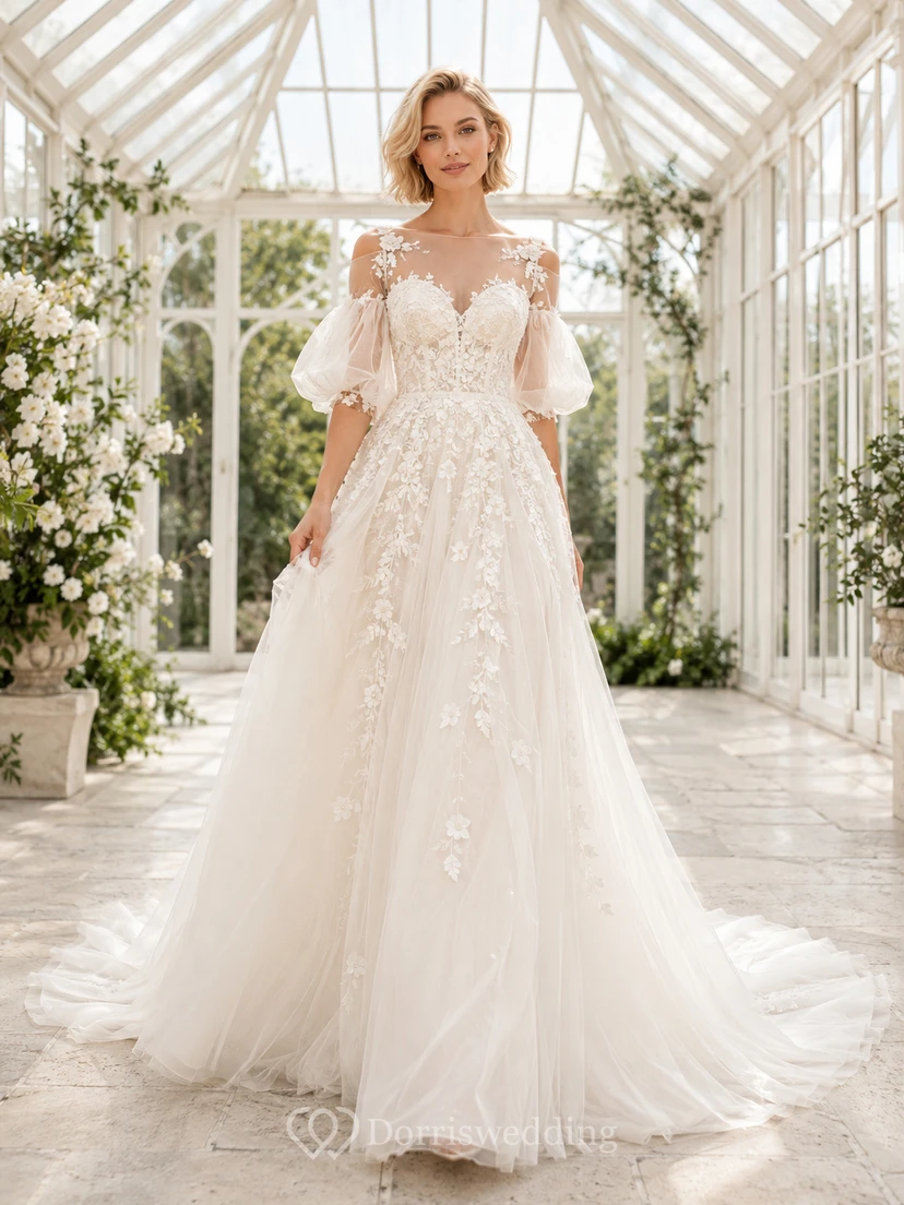 Robe de mariée bateau à manches courtes en dentelle florale, coupe trapèze, traîne chapelle de luxe
