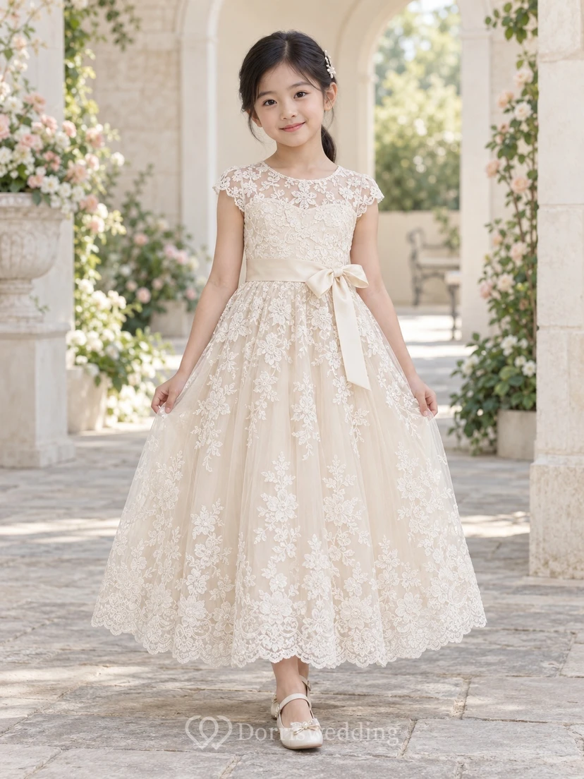 Vestido de niña de flores modesto, de corte A, color marfil, con estampado floral, encaje, mangas cortas y fajín, hasta la rodilla.