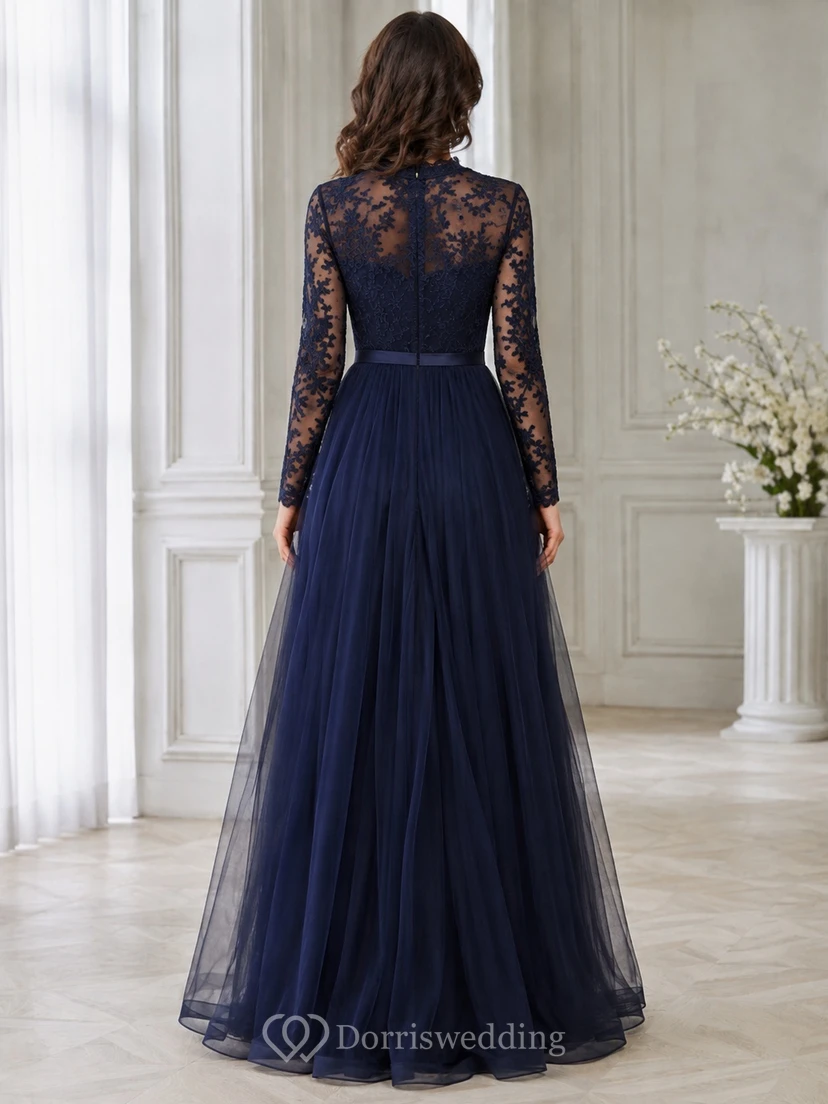 Ink Navy Lace Long Sleeve A-Line High Neck Floor Length Modest Formal Gown view 2
