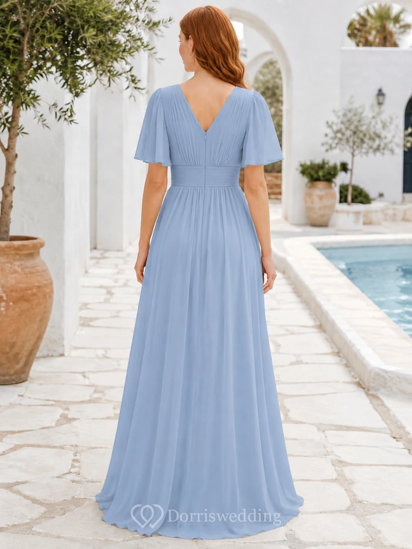 Sky Blue Resort A-Line Chiffon Bridesmaid Dress with V-Neck Flutter Sleeve Bodice, Pleated Floor-Length Skirt and Low V Back view 2