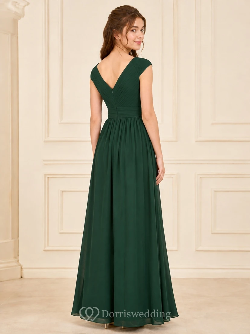 Vestido de dama de honor juvenil verde oscuro, corte en A, escote en V, manga corta, elegante y formal. view 2