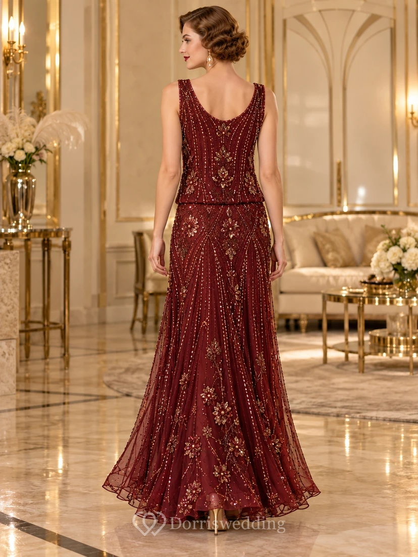 1920s Burgundy Scoop Neck Sleeveless Beaded Botanical Long Evening Dress view 2
